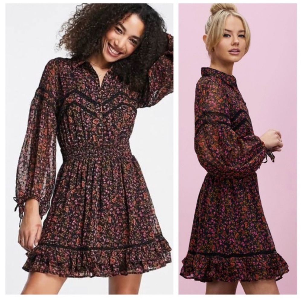 TOPSHOP asos Ditsy Floral Poof Sleeve Semi Sheer Mini Tea Dress 6